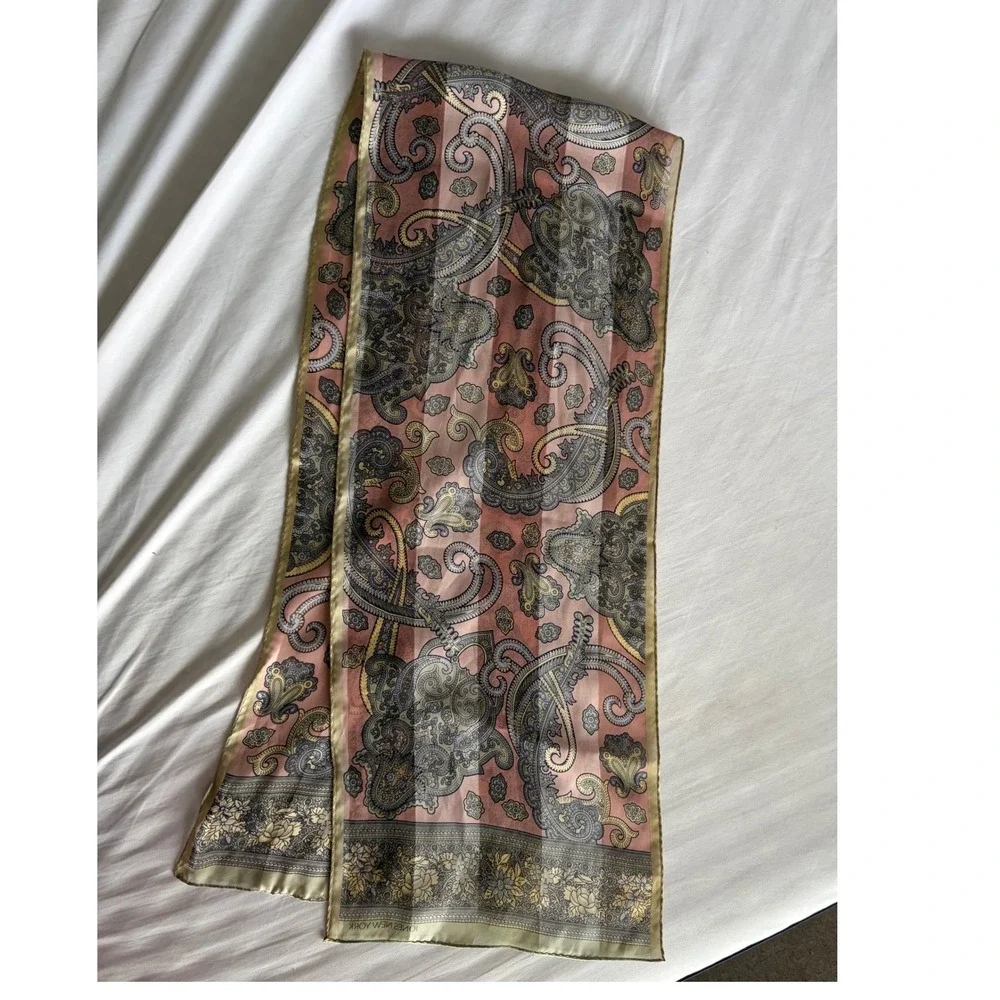 Jones New York 100% Silk Scarf Pink Olive Green Paisley Floral Boho Old Money